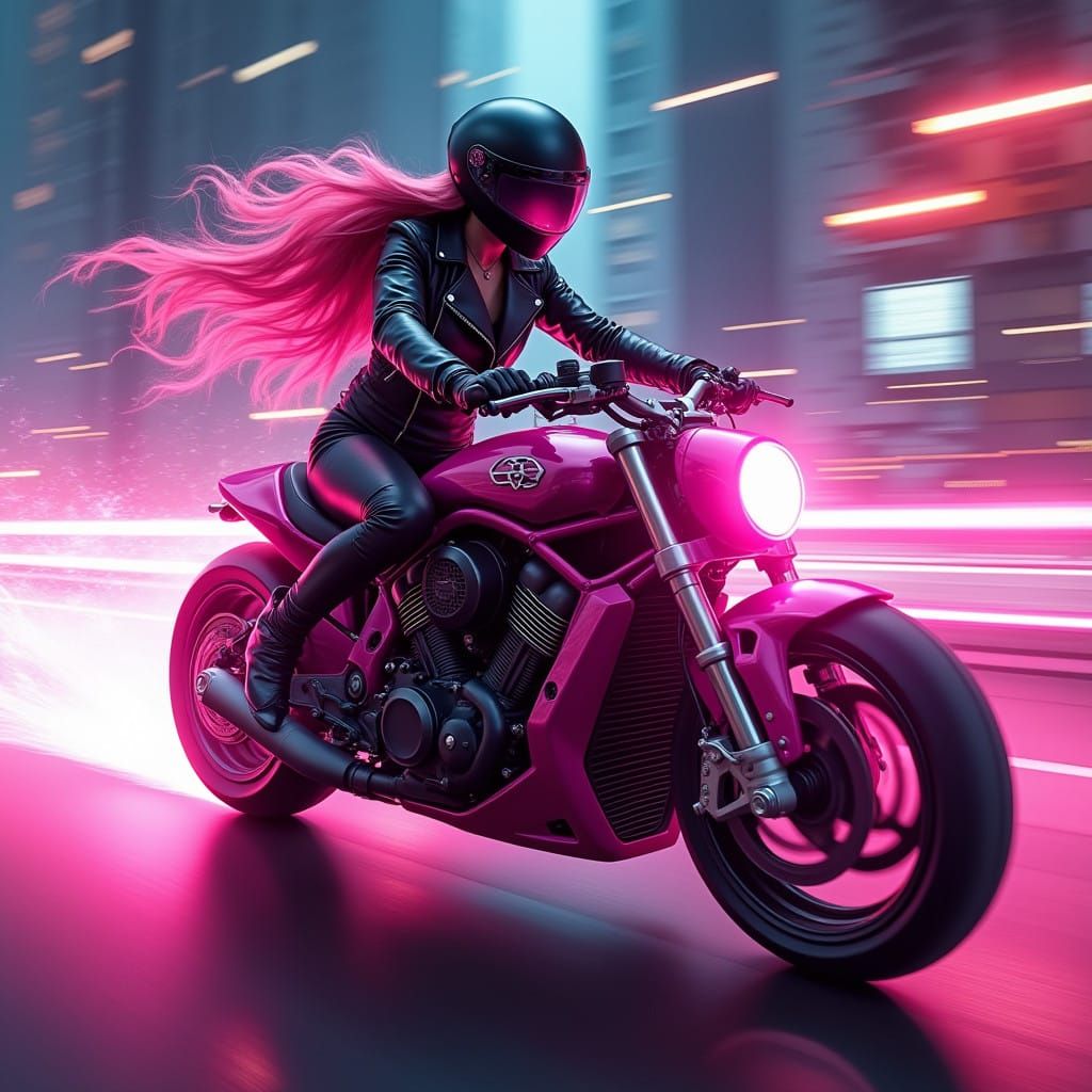 Sleek Futuristic Woman Rides Vibrant Pink Neon-Lit Motorcycl...