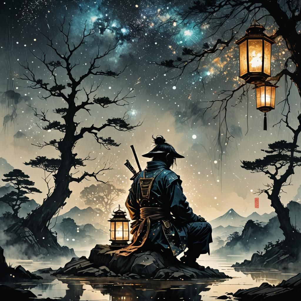 a lonely samurai sitting under the night sky