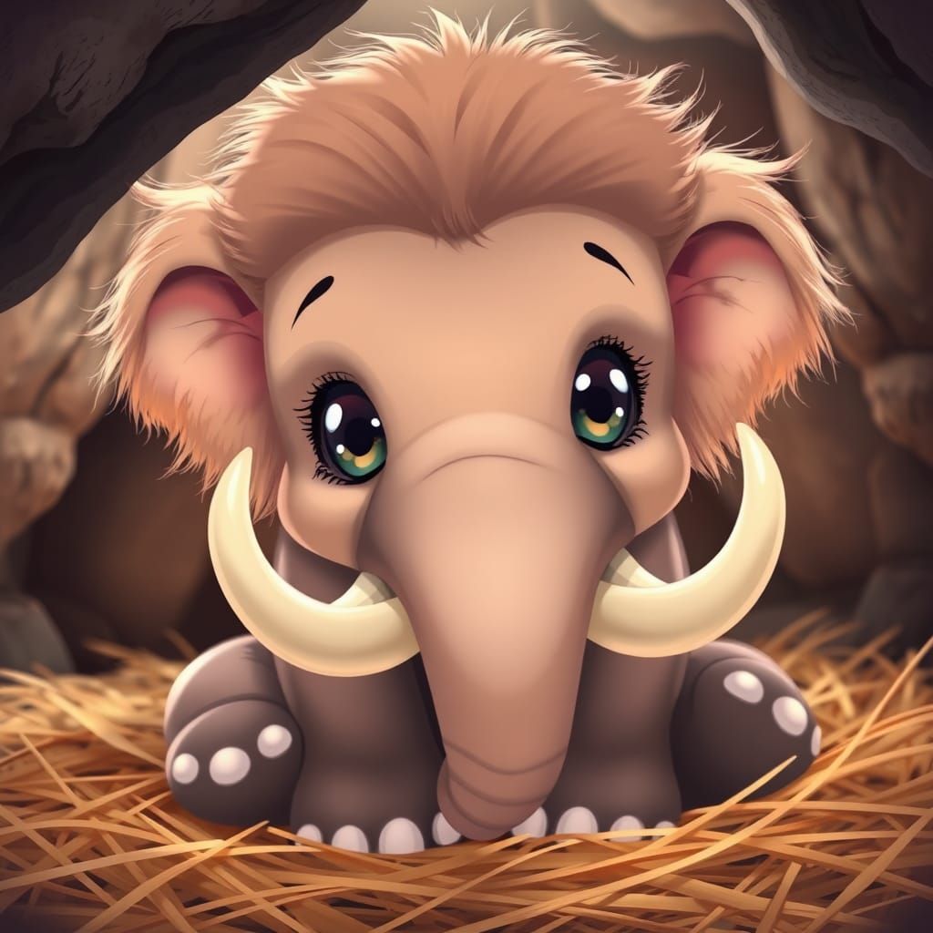 Cute Baby Mammoth Portrait in Anime Style