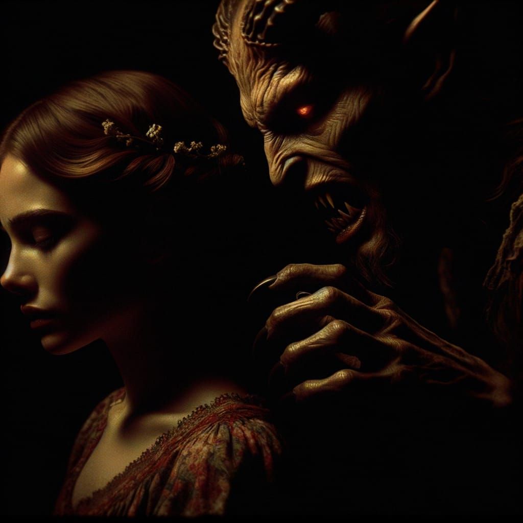 Ethereal Woman and Ominous Demon in Dark Portrait