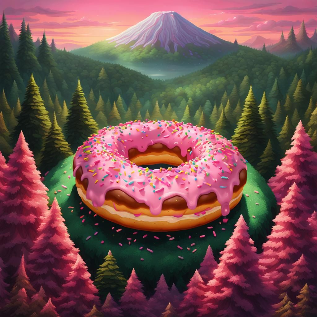 Gigantic Pink Doughnut Above Volcano in Dreamlike Style
