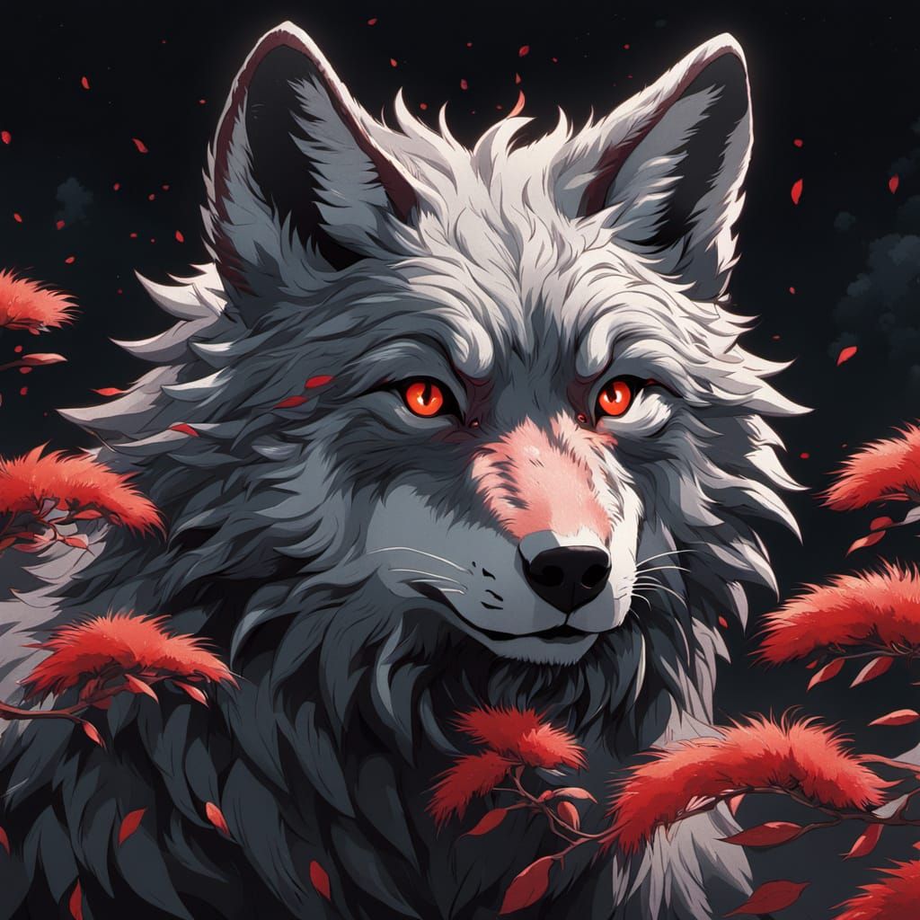 Studio Ghibli Wolf with Red Buds and Piercing Eyes