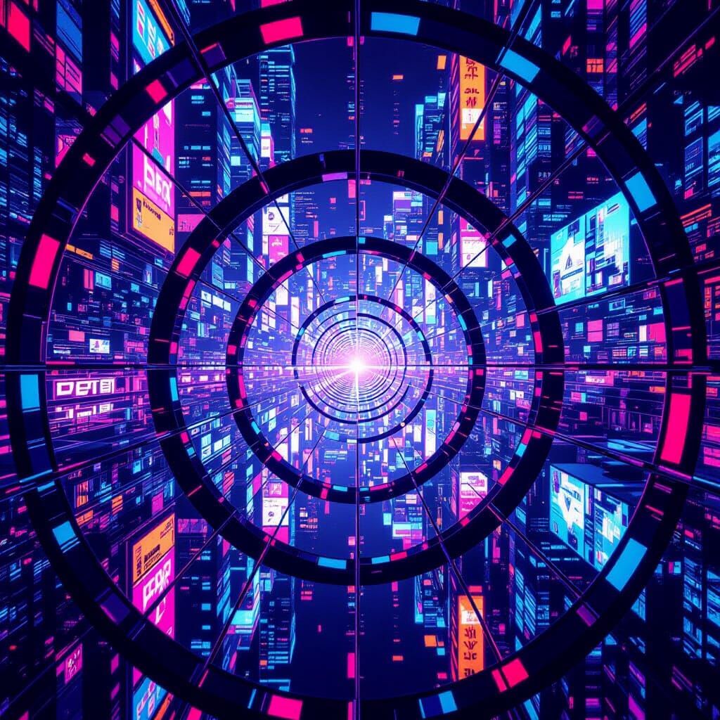 Kaleidoscopic Cyberpunk Cityscape in Circular Layout