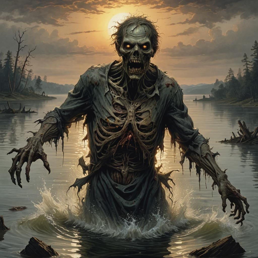 Zombie Rises from Lake at Sunrise: Horror Illustration