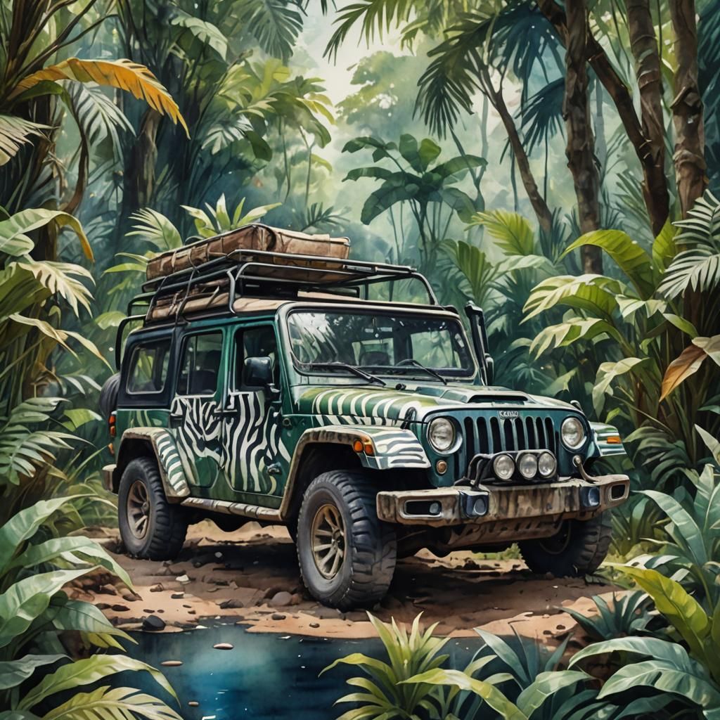 Zebra Jeep in Jungle, Watercolor Splash Art
