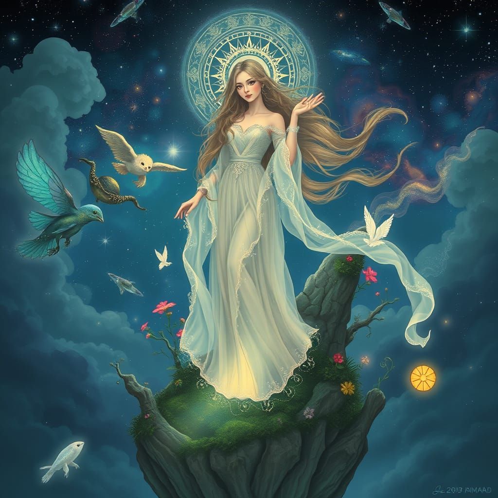 Celestial Goddess in Nebula Sky: Art Nouveau Dreamscape