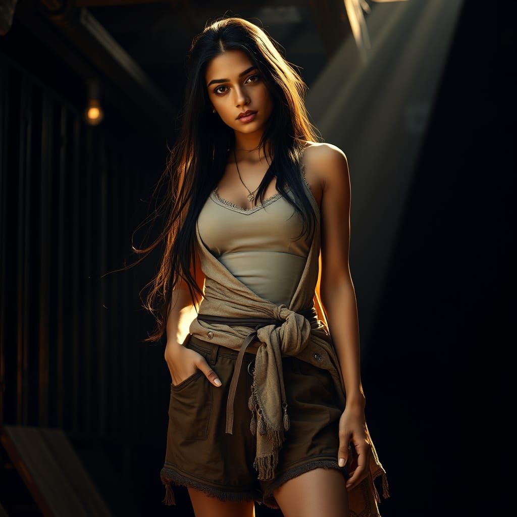 Indian Woman as Adventurer in Atmospheric Setting