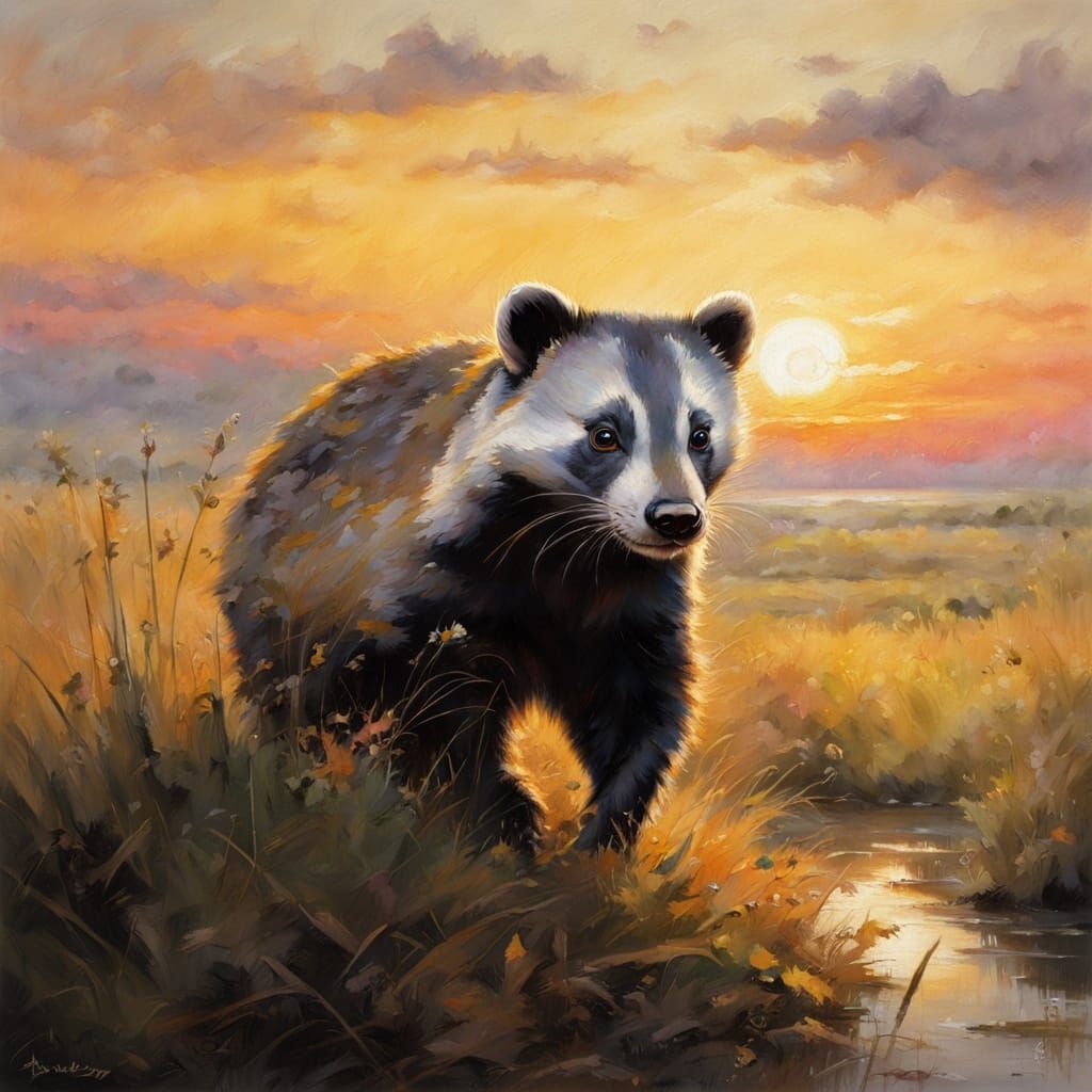 American Badger in Grasslands: Oil Painting Sunset
