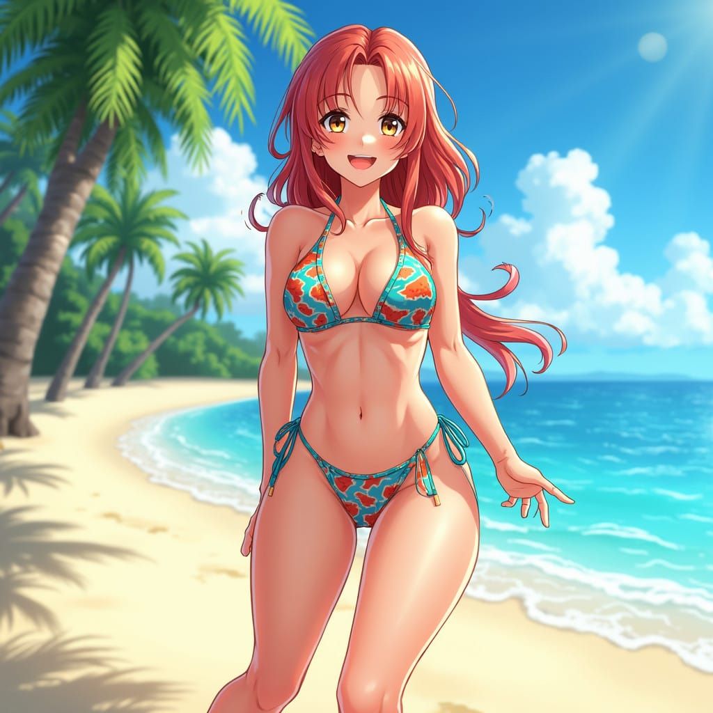 Anime-Inspired Beach Babe in Vibrant Bikini