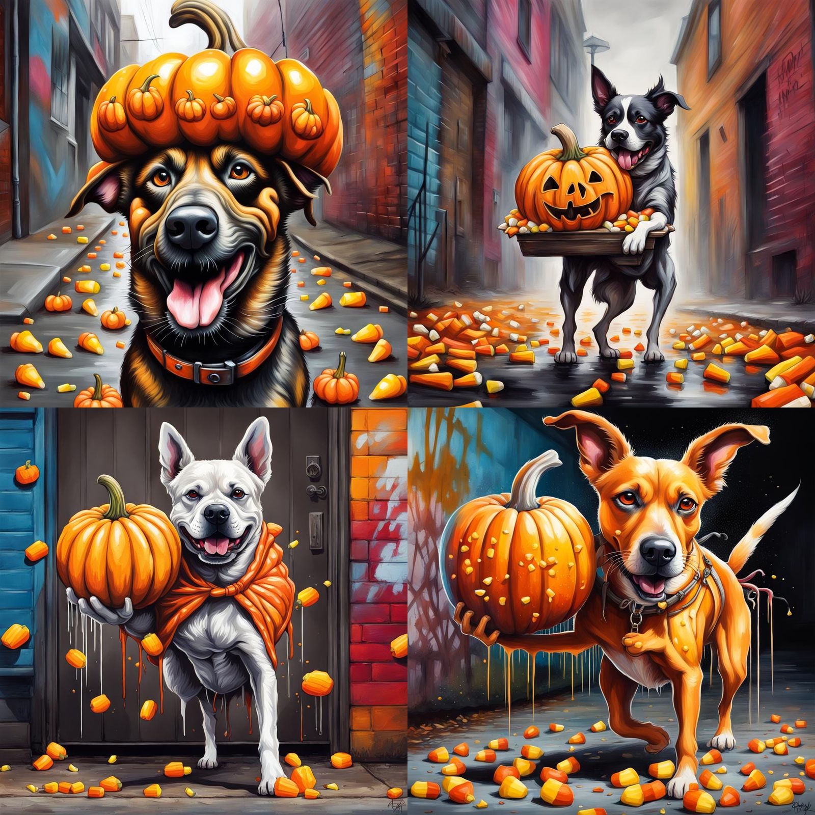 Dog Carrying Pumpkin with Candy Corn in Graffiti Art