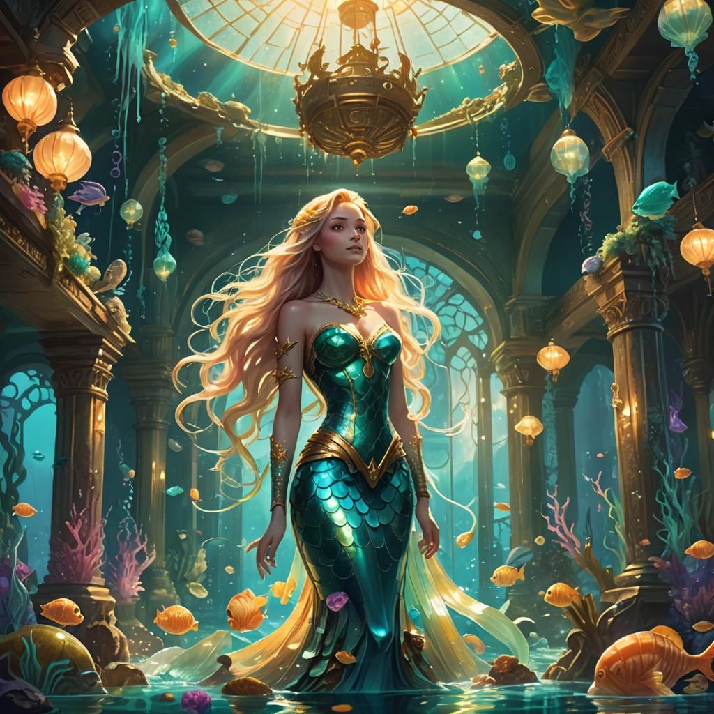 Mermaid Princess in Sunken Palace: Fantasy Art