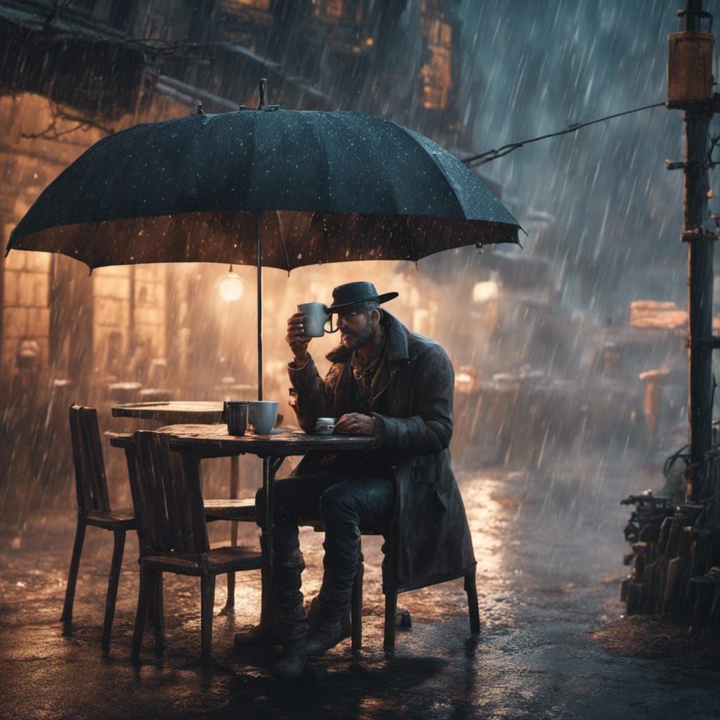 Man Drinking Coffee in Rain: Detailed Matte Painting