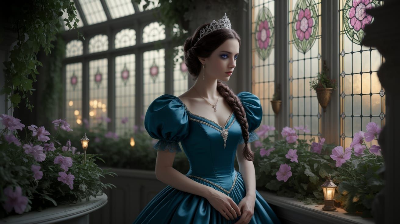 Sapphire Gown in Magical Conservatory: Fine Art Realism