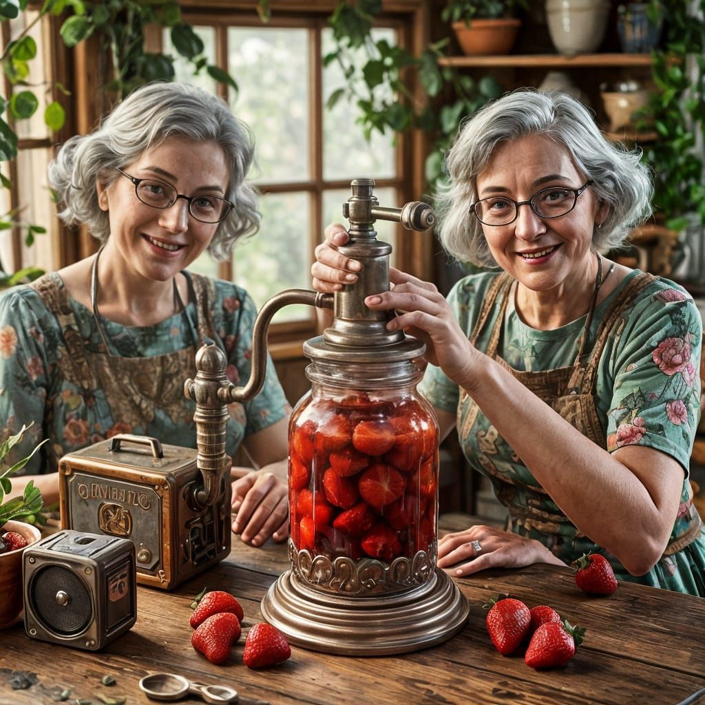 Smiling Old Ladies Create Strawberry Jam in a Whimsical Scen...