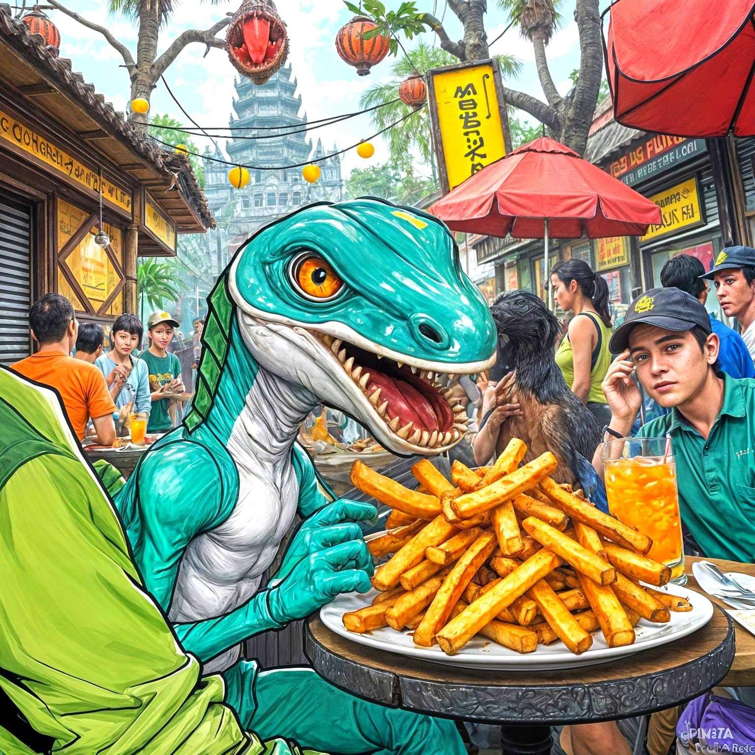 Frustrated Compsognathus Steals Fries in Bali