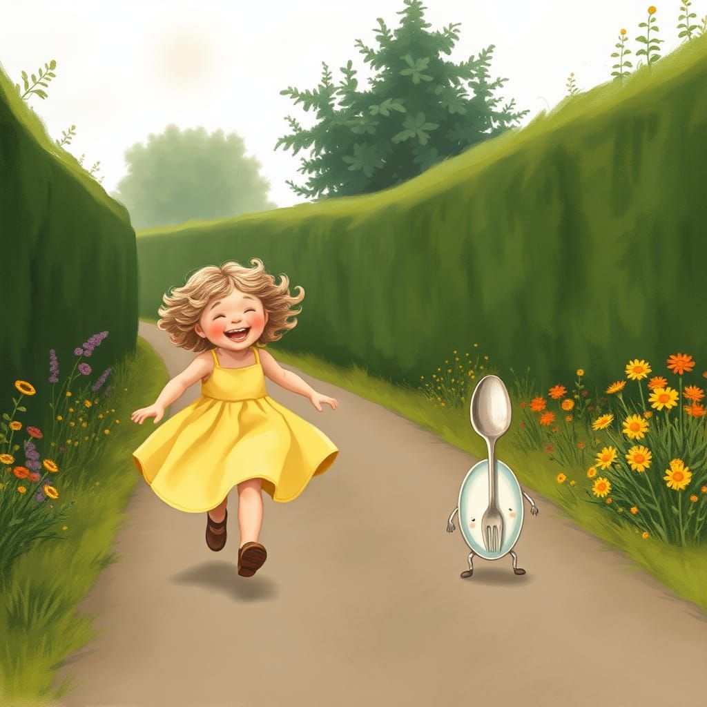 Girl Chasing Dish and Spoon in Whimsical Style
