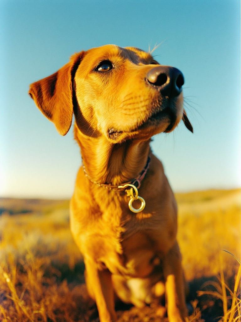 Golden Hour Dog Portrait in 1970s Film Style