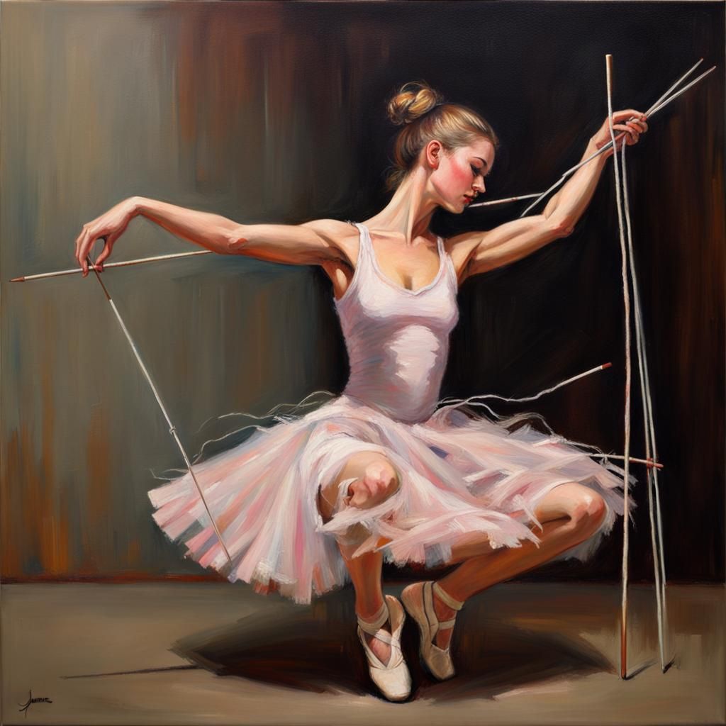 Ballerina's Yarn Dance: Oil Painting