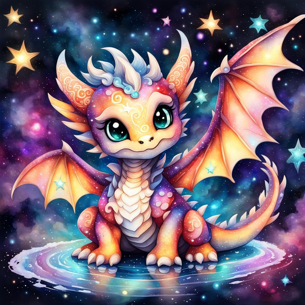 Adorable Sparkling Baby Dragon in Watercolor Nebula