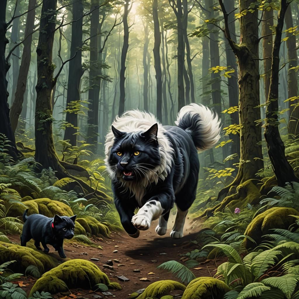 Hyperrealistic Cat Escaping Dog in Maximalist Forest