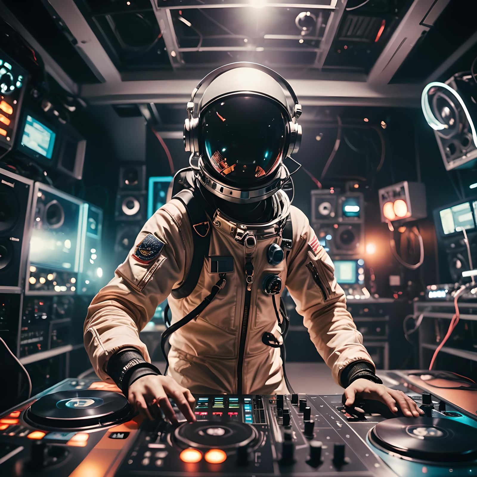 Astronaut DJ in Glass Box with Turntables