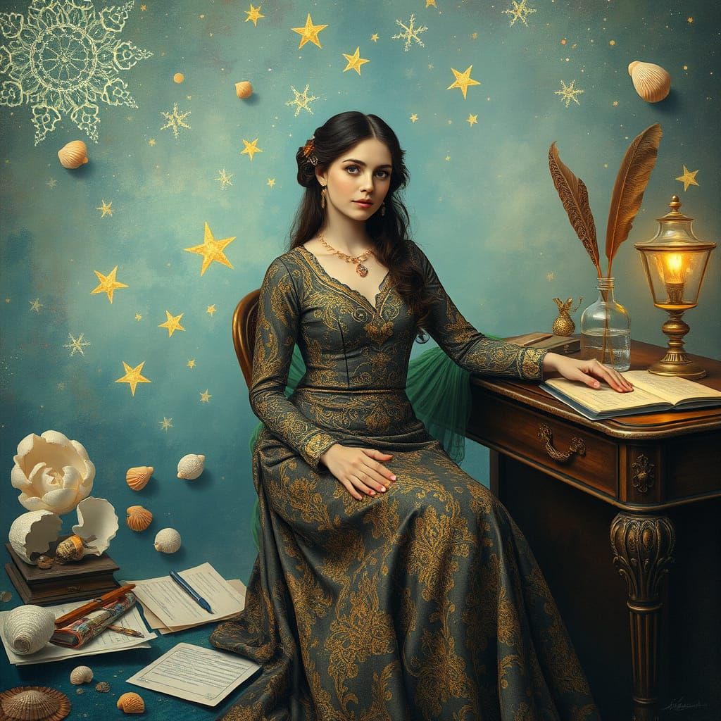 Dreamlike Gown: Klimt-Inspired Woman at Ornate Desk