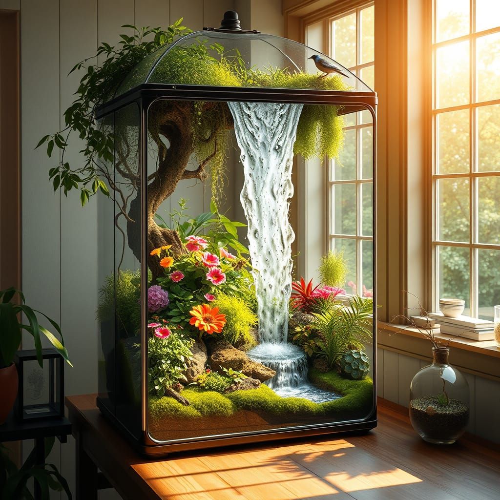 Lush Terrarium Waterfall Scene by Sunny Window