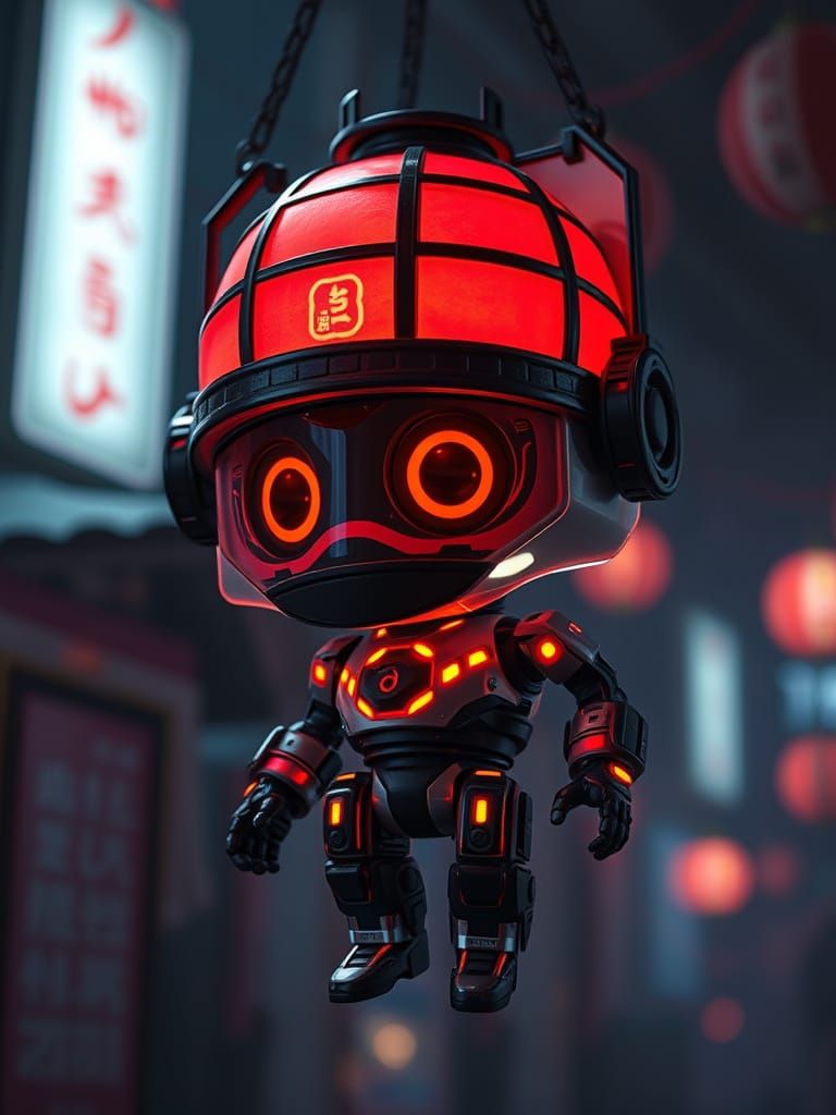 Chibi Neon-Goth Robot Lantern: Digital Matte Painting