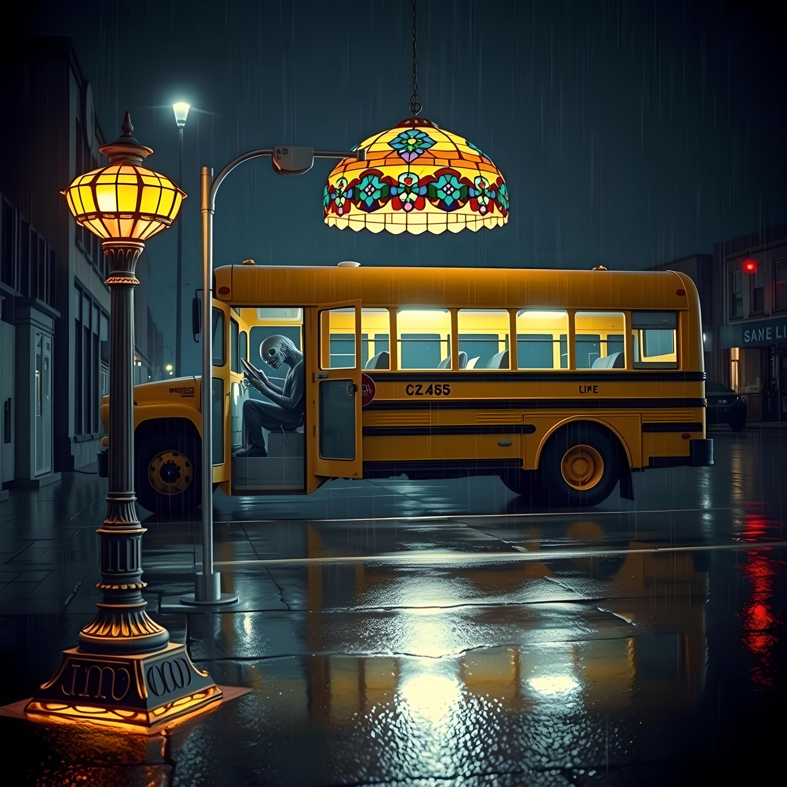 Surreal School Bus with Alien Driver and Tiffany Lamp