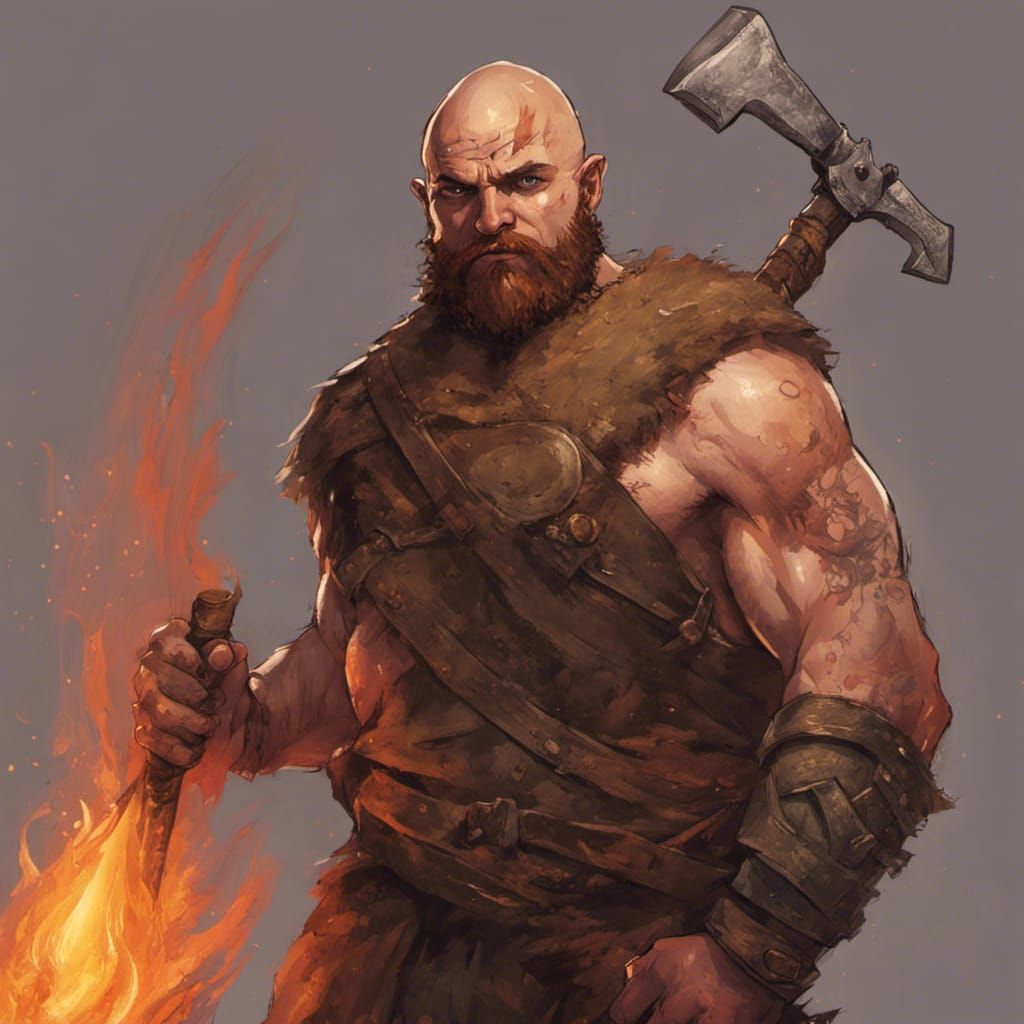 Fierce Bald Barbarian Wields Flaming Axe