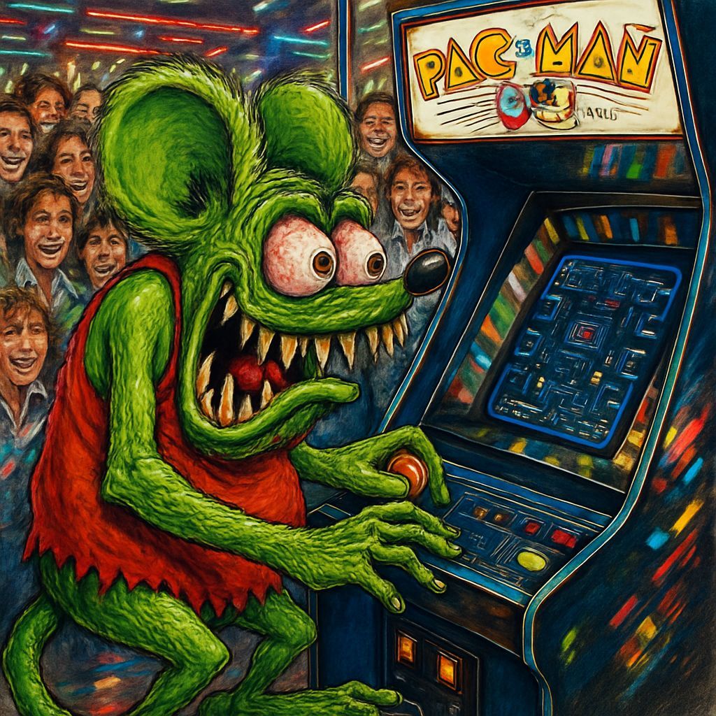 Rat Fink Plays Pac-Man: Ed Roth Illustration