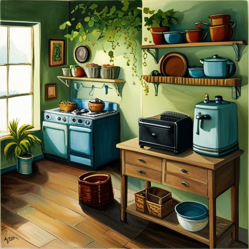 Ivy-Covered Kitchen Interior: Detailed Mixed-Media Collage