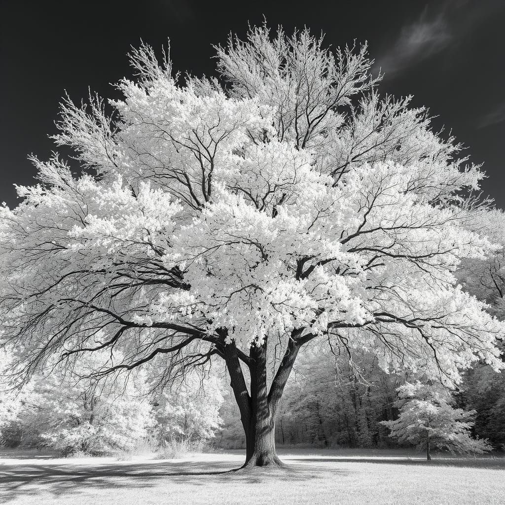 Surreal Black and White Tree in Infrared Landscape