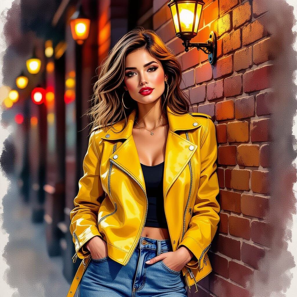 Woman in Yellow Jacket, Expressive Watercolor Style