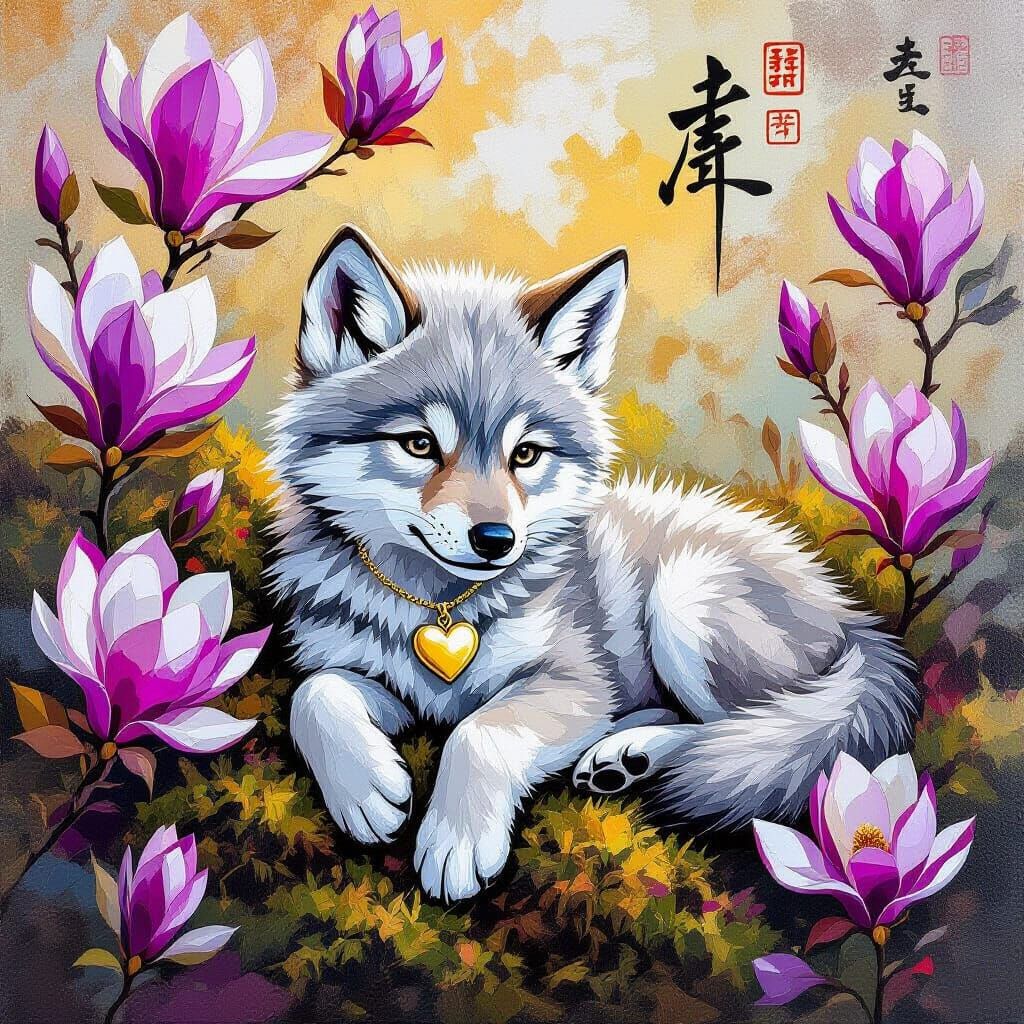 Wolf Cub in Blossoms: An Impasto Mosaic Painting