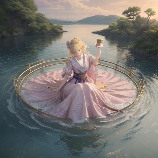 Baroque Anime Queen Pouring Water by River