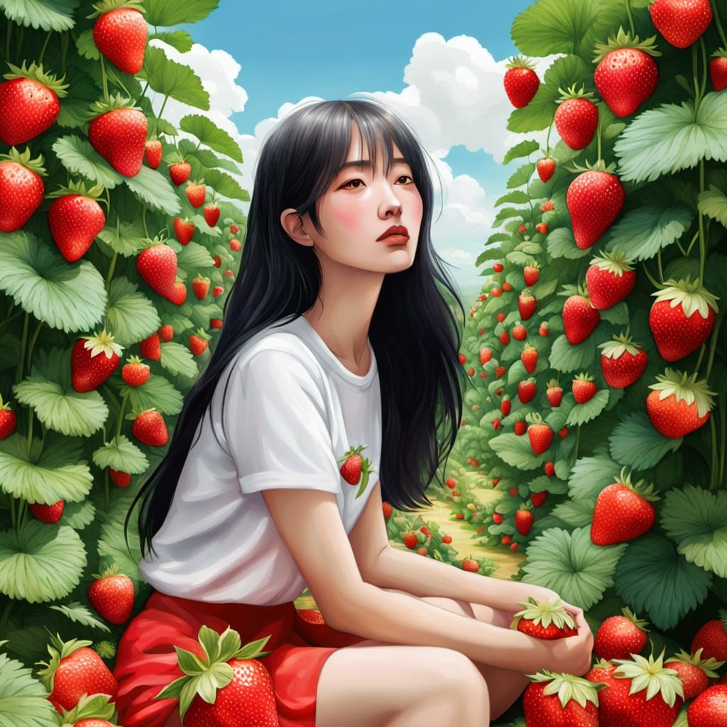 Girl on Giant Strawberry in Zhang Jingning Style