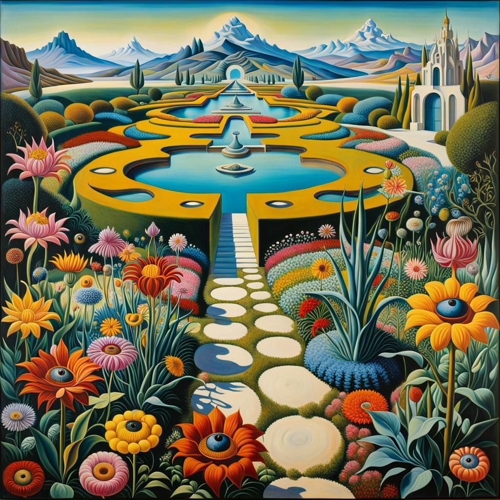 Surreal Garden with Eyed Flowers: Salvador Dali Style