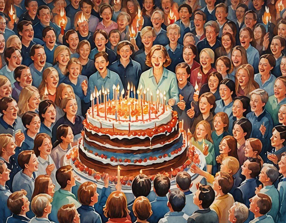 Watercolor Birthday Celebration with Cake and Crowd