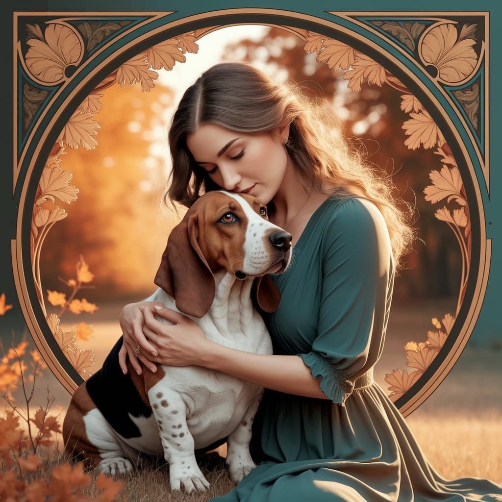 Woman Embraces Basset Hound in Golden Hour Light