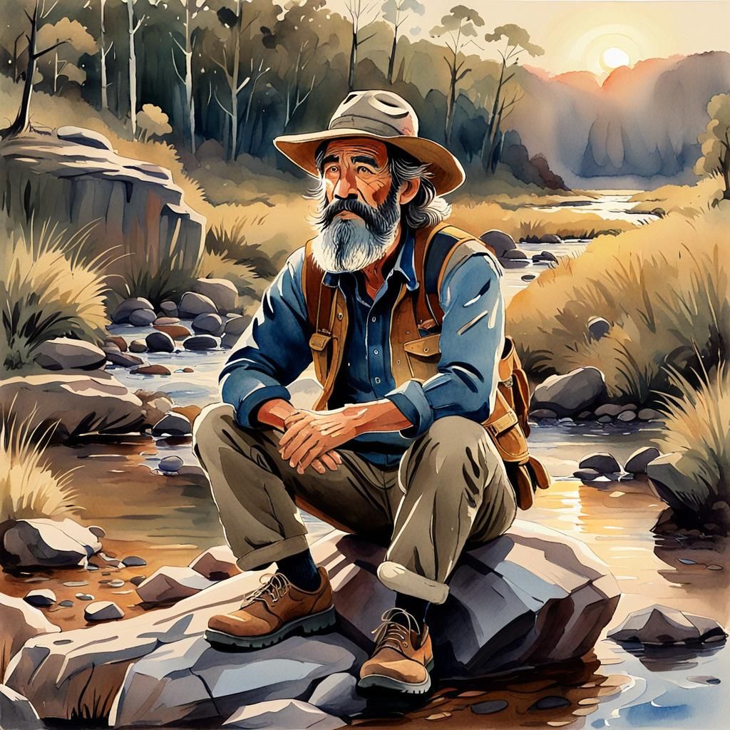 Anime Geologist at Sunset in Watercolor Style