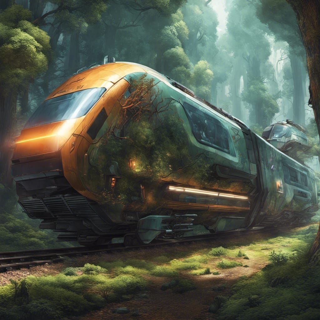 Modern diesel train running through the forest; High-tech pirate attire, cybernetic enhancements; Imagined by a sci-fi c...