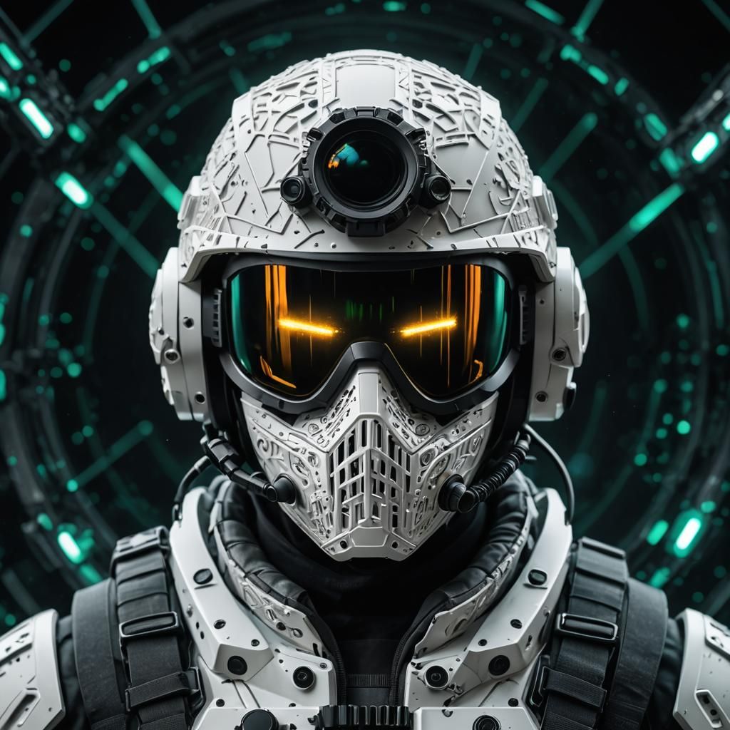 Futuristic Soldier Portrait with Glowing Runes