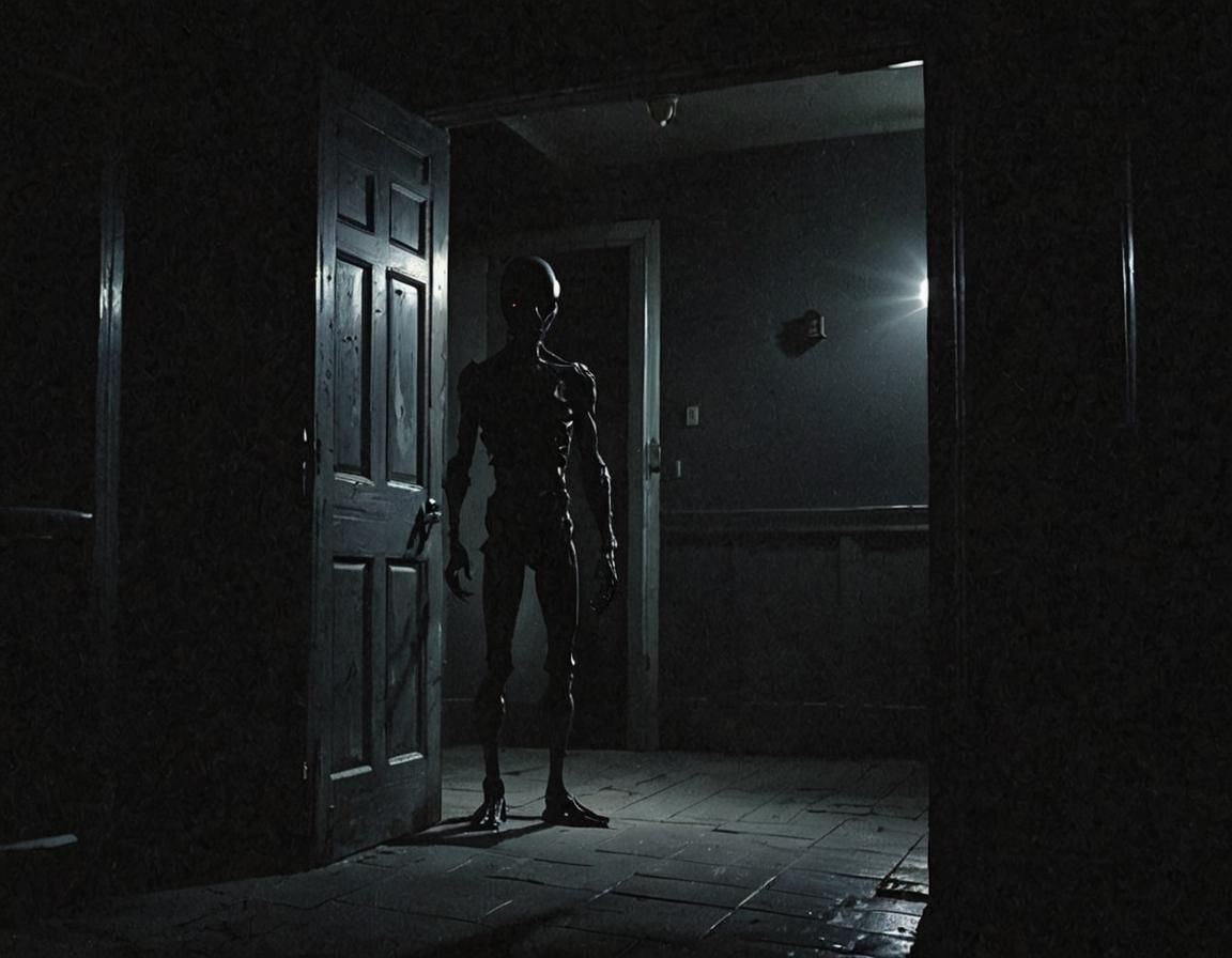 Eerie Alien Silhouette in Doorway at Night