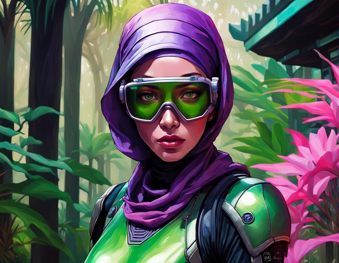 Female Ninja in Futuristic Jungle Garden Oasis