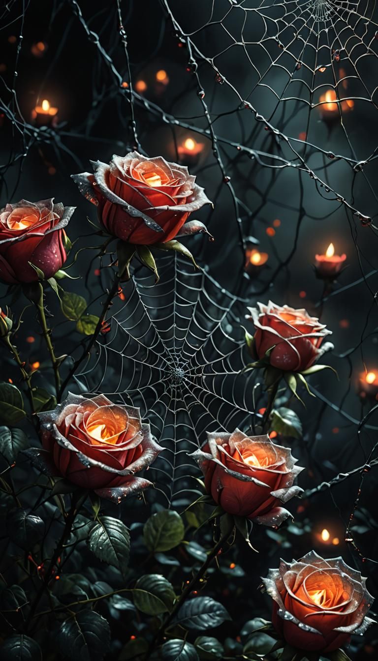 Glittering Spiderweb Roses in Dark Fantasy Style