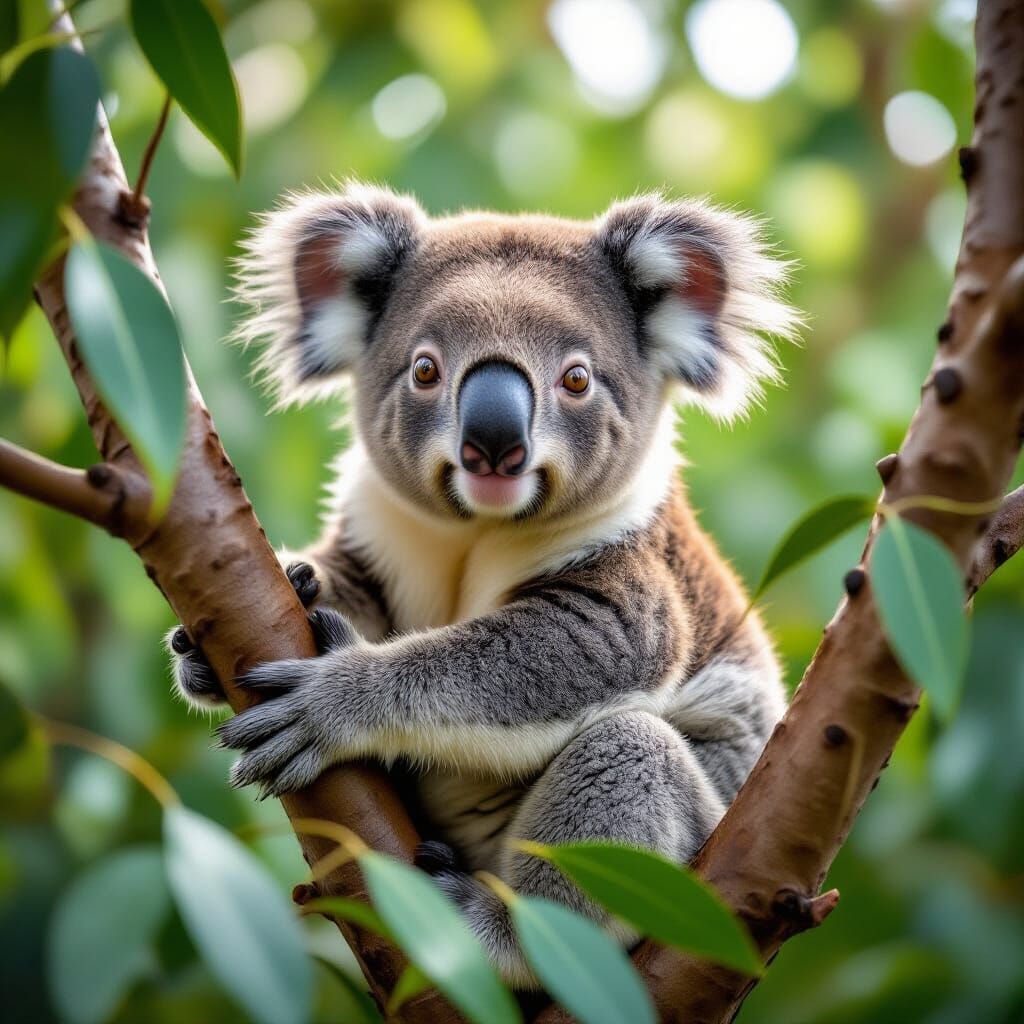 Cute Koala in Eucalyptus Tree: Realistic Wildlife Photo