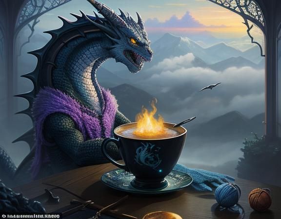 Night Fury Dragon Knits in Teacup: Kinkade Style