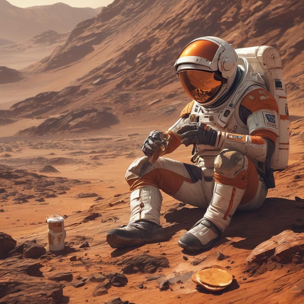 Man's Lunch on Mars: Vibrant Sci-Fi Concept Art