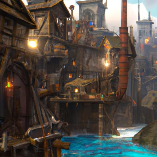 Steampunk Water Town: Detailed Matte Painting